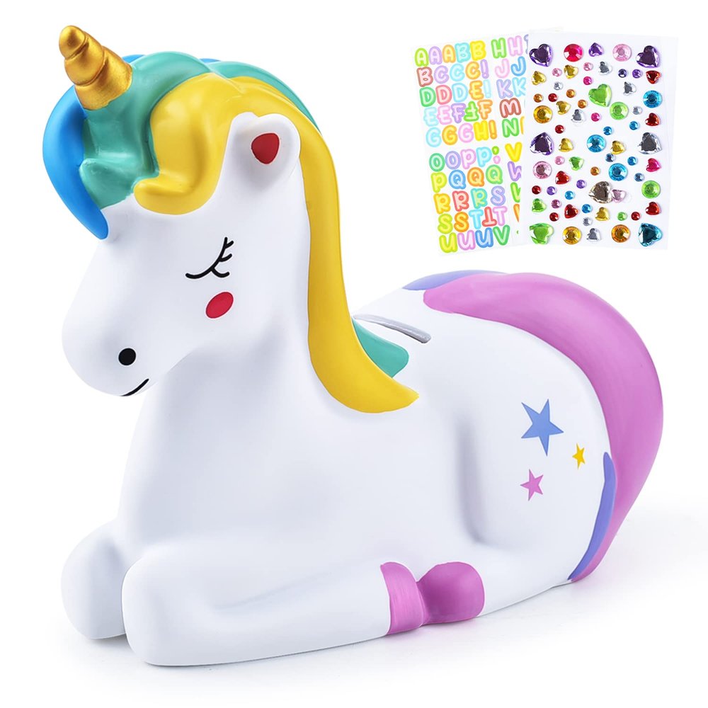 PJDRLLC Piggy Bank Girls: Unicorn Piggy Banks - Unbreakable Plastic Coin Money Bank with Alphabet Stickers - Rainbow