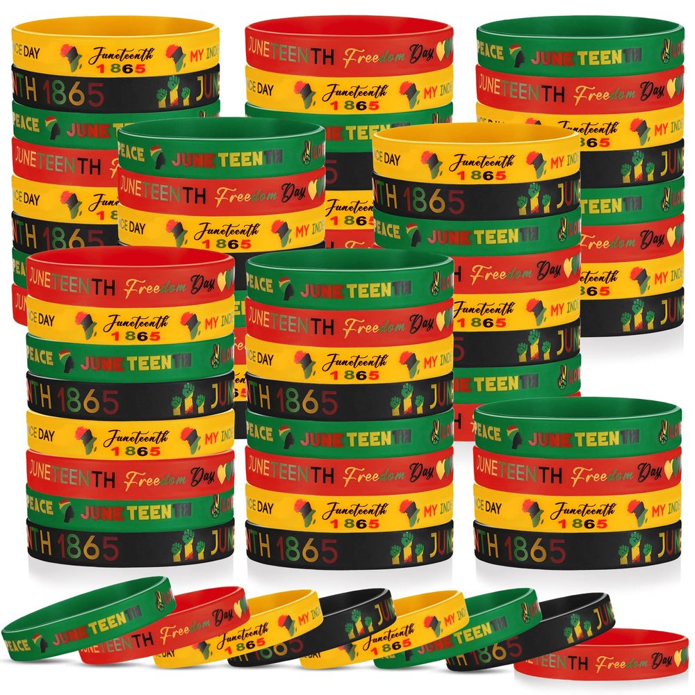 Wettarn 100 Pcs Juneteenth Day Silicone Wristband Black Freedom Day Rubber Bracelets Juneteenth Decorations Patriotic Bracelets Bulk for African Afro American Independence Day Party Favors, 4 Styles