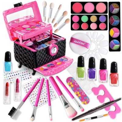 Makeup Kit for Kids, FunKidz Washable Play Pretend 60 PCS Cosmetic Toys Make Up Box Gift for Little Girls Ages 6-12