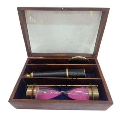 Brass Marine Sand Timer, Brass Telescope, and Magnifying Glass Nautical Brass Marine Wooden Box Set for Christmas & Unique Vintage Gift, Gift for Husband Gift