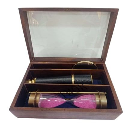 Brass Marine Sand Timer, Brass Telescope, and Magnifying Glass Nautical Brass Marine Wooden Box Set for Christmas & Unique Vintage Gift, Gift for Husband Gift