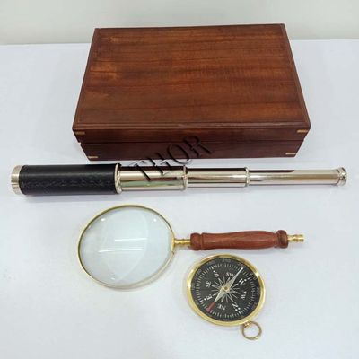 Nautical Brass Maritime Navigation Set, Brass Telescope, Compass, and Magnifying Glass. Brown Wooden Box Set with Working Compass, Valentine Day Gift, Unique Vintage Christmas