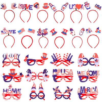 Retrowavy 24 Pcs 4th of July Party Favors Patriotic Accessories 12 Headbands and 12 Glasses Fourth of July Head Boppers American Flag Decorations for Independence Day Memorial Day Party Supplies