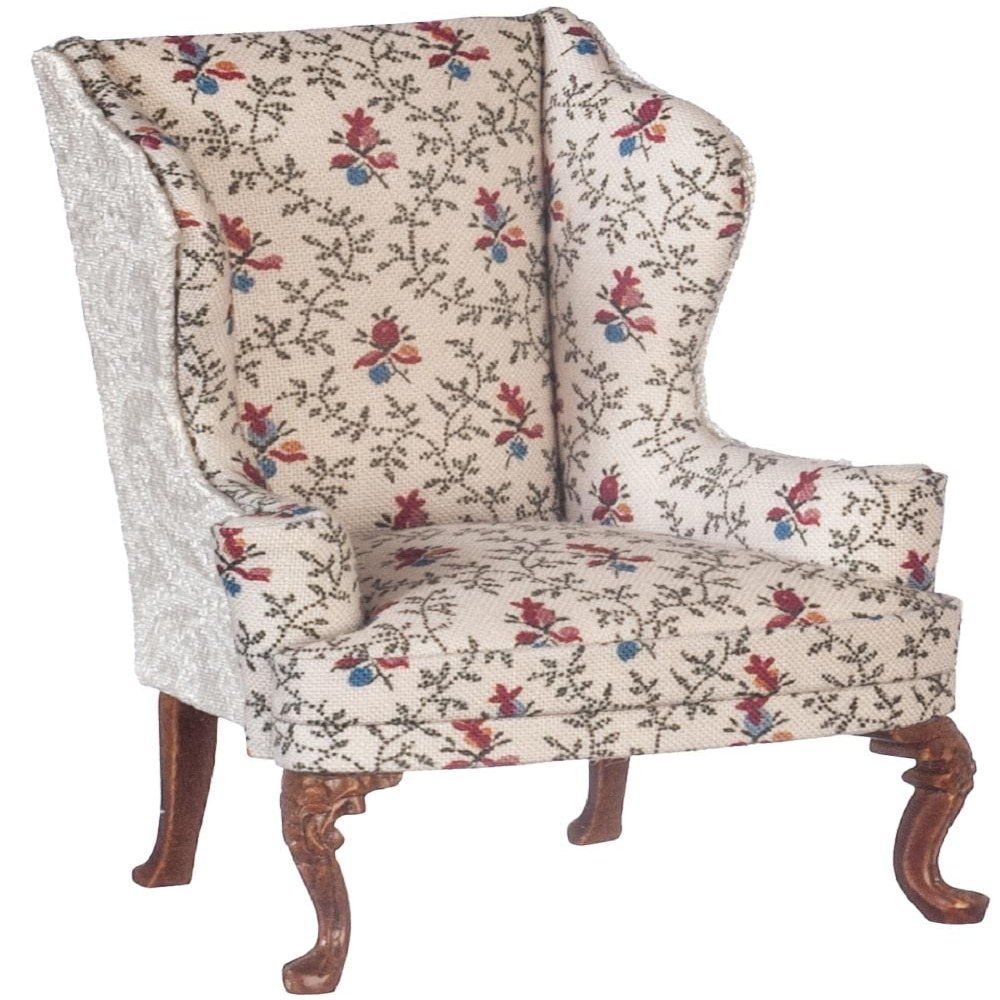 Melody Jane Dolls Houses Dollhouse Wing Back Armchair Cream Floral JBM Walnut Living Room Furniture