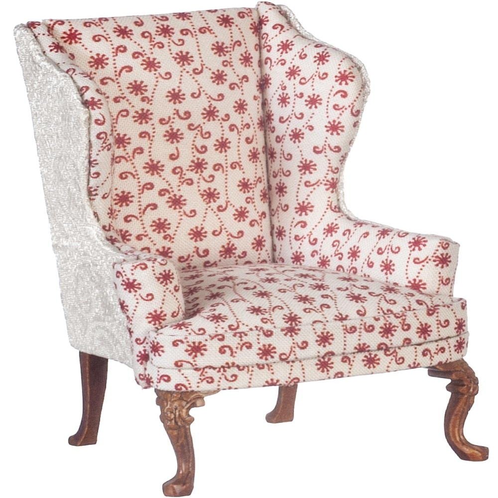 Dolls House Wing Back Armchair Red Floral Chair JBM Walnut Living Room Furniture
