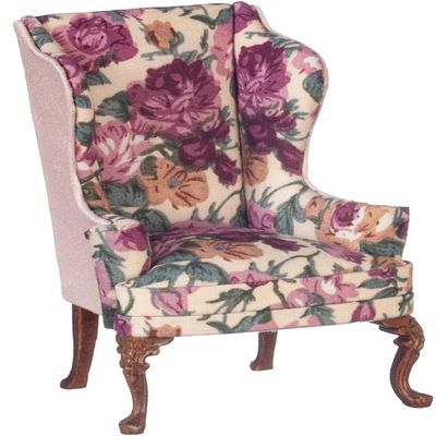 Melody Jane Dolls Houses Dollhouse Wing Back Armchair Purple Floral JBM Walnut Living Room Furniture