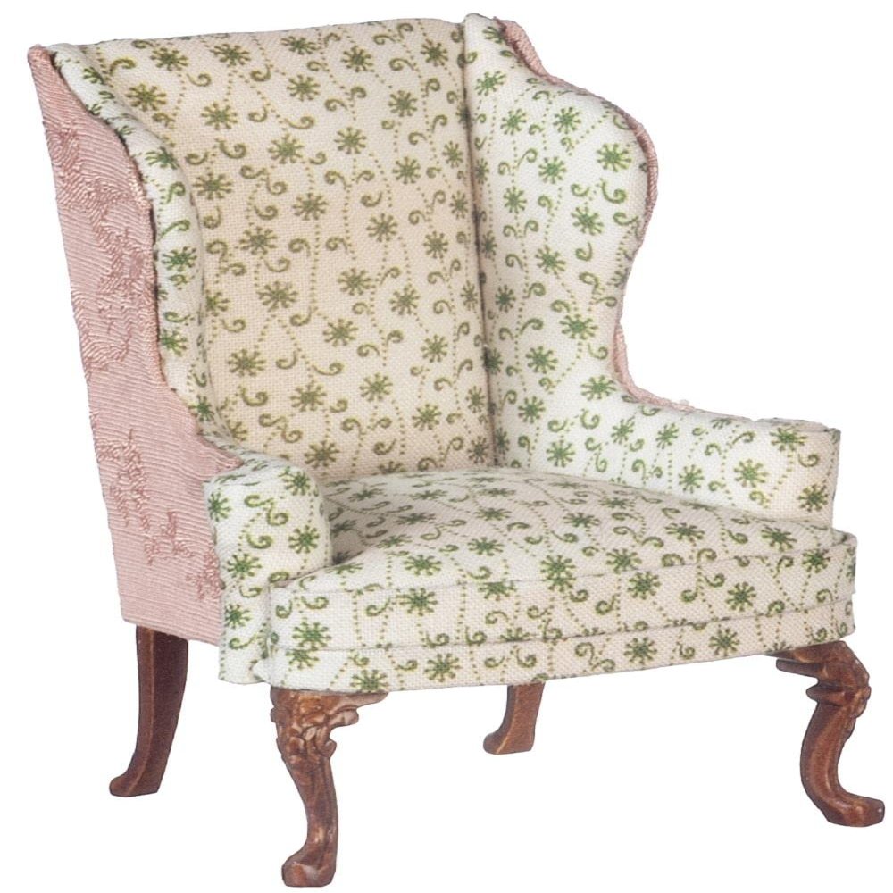Melody Jane Dolls Houses Dollhouse Wing Back Armchair Green Floral JBM Walnut Living Room Furniture