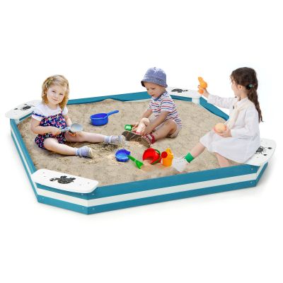 HONEY JOY Kids Sandbox, Cedar Bottomless Sand Pit for Backyard Deck Patio Lawn, 4 Corner Seats with Pattern, Square Wood Sand Boxes for Kids Outdoor, Gift for Boys Girls 3+, Navy Blue