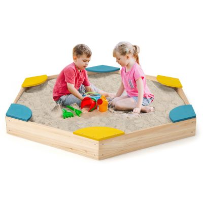 HONEY JOY Kids Sandbox, Cedar Bottomless Sand Pit for Backyard Deck Patio Lawn, 6 Corner Seats, Hexagon Wood Sand Boxes for Kids Outdoor, Gift for Boys Girls 3+, Natural