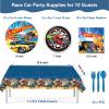 147 Pcs Hot Car Birthday Party Supplies,Included Banner,Hanging Swirls,Tablecloth,Cake Topper,Cupcake Toppers,Gift Bag, Invitation Card,Balloon,Racing Car Tableware Set for Boy Party Decorations view 2