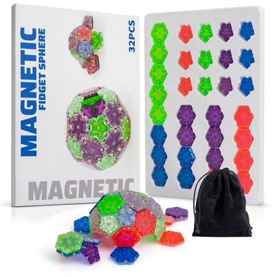 32 Pcs Magnetic Fidget Sphere with Storage Bag  20 Hexagons and 12 Pentagons Multicolor  Satisfying Magnet Desk Toy for Adults