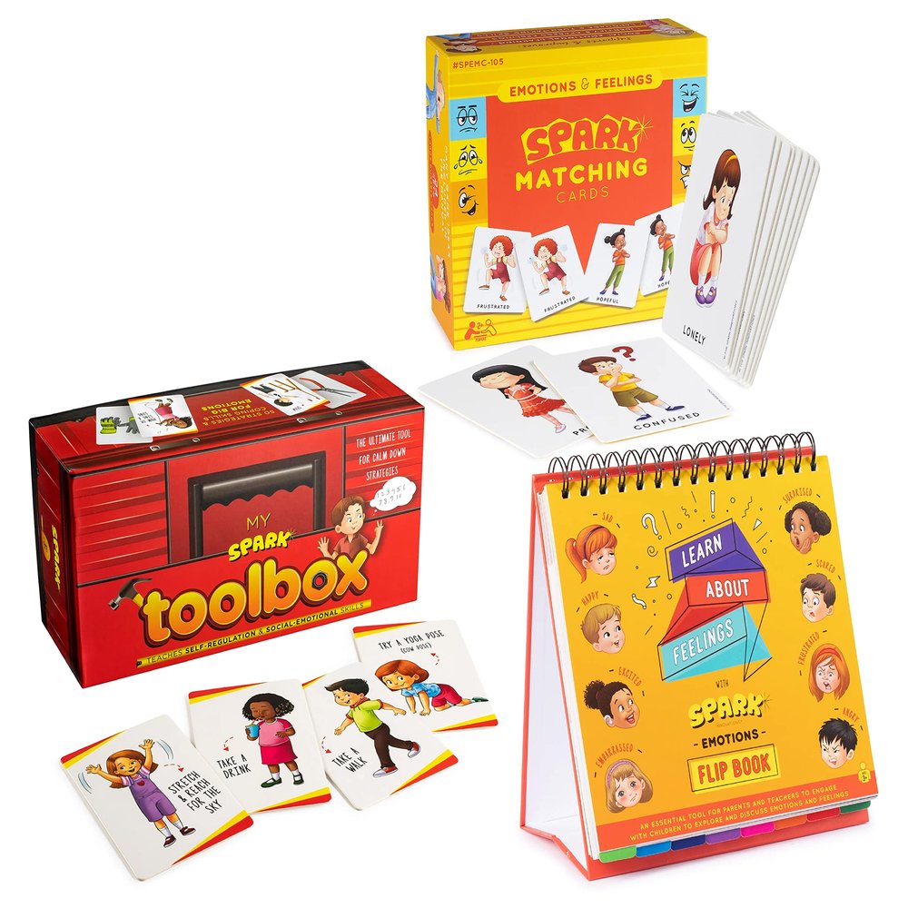 SPARK INNOVATIONS Emotions Flipbook, Feeling Cards Memory Game, Emotions Toolbox 3 Set Bundle, Social Emotional Learning Materials for Calming Corners