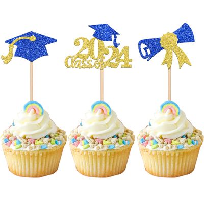 24 PCS 2024 Graduation Cupcake Toppers Glitter Class of 2024 Cupcake Picks Diploma Graduation Cap Cake Decorations for 2024 Graduation Theme Party Supplies Gold