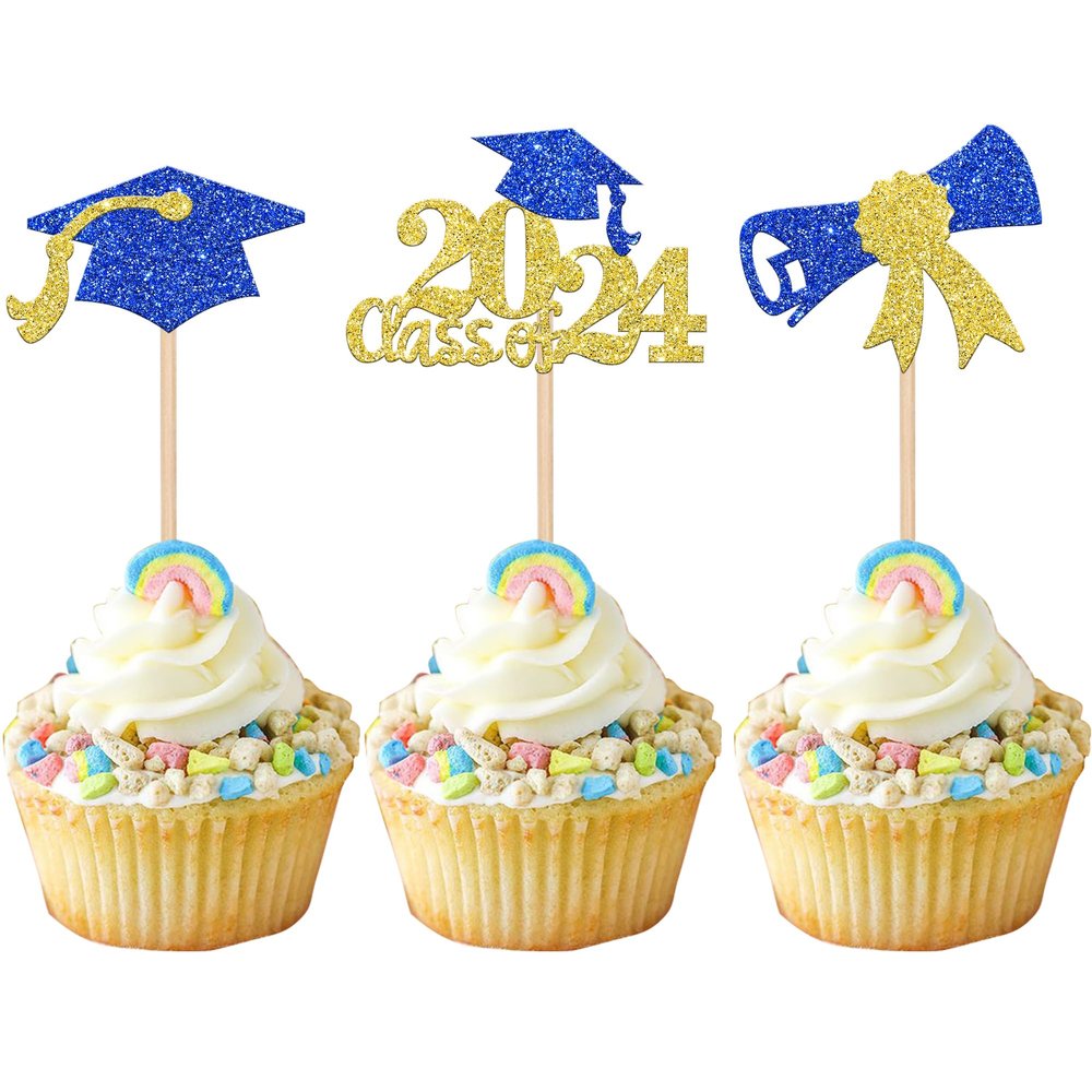 24 PCS 2024 Graduation Cupcake Toppers Glitter Class of 2024 Cupcake Picks Diploma Graduation Cap Cake Decorations for 2024 Graduation Theme Party Supplies Gold