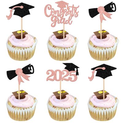 24 PCS 2025 Graduation Cupcake Toppers Glitter Class of 2025 Cap Diploma Cupcake Picks Contrats Grad Cake Decorations for 2025 Graduation Theme Party Supplies Rose Gold