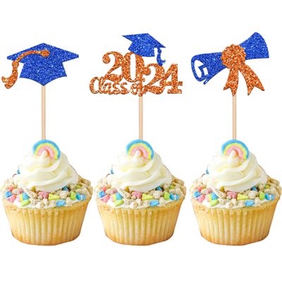 24 PCS Class of 2024 Graduation Cupcake Toppers Glitter Diploma 2024 Graduation Cap Cupcake Picks for 2024 Graduation Theme Party Cake Decorations Supplies Orange