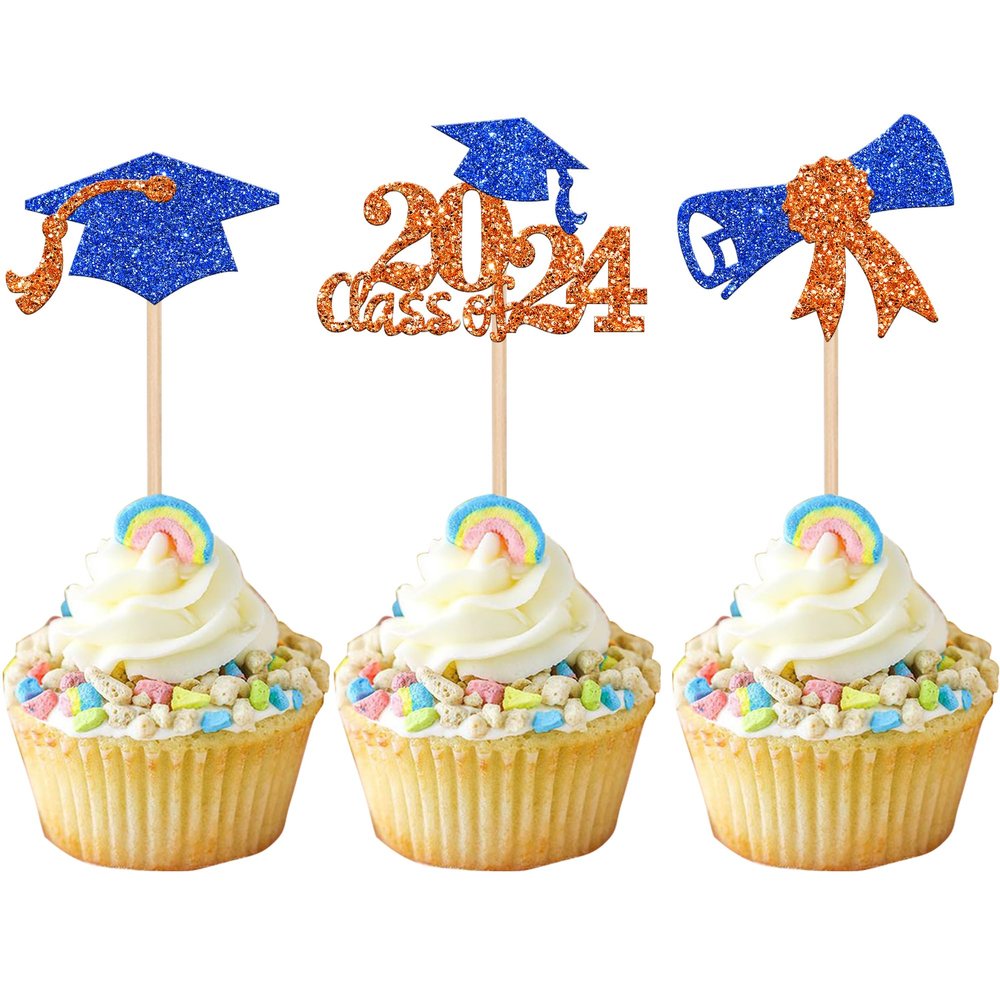24 PCS Class of 2024 Graduation Cupcake Toppers Glitter Diploma 2024 Graduation Cap Cupcake Picks for 2024 Graduation Theme Party Cake Decorations Supplies Orange