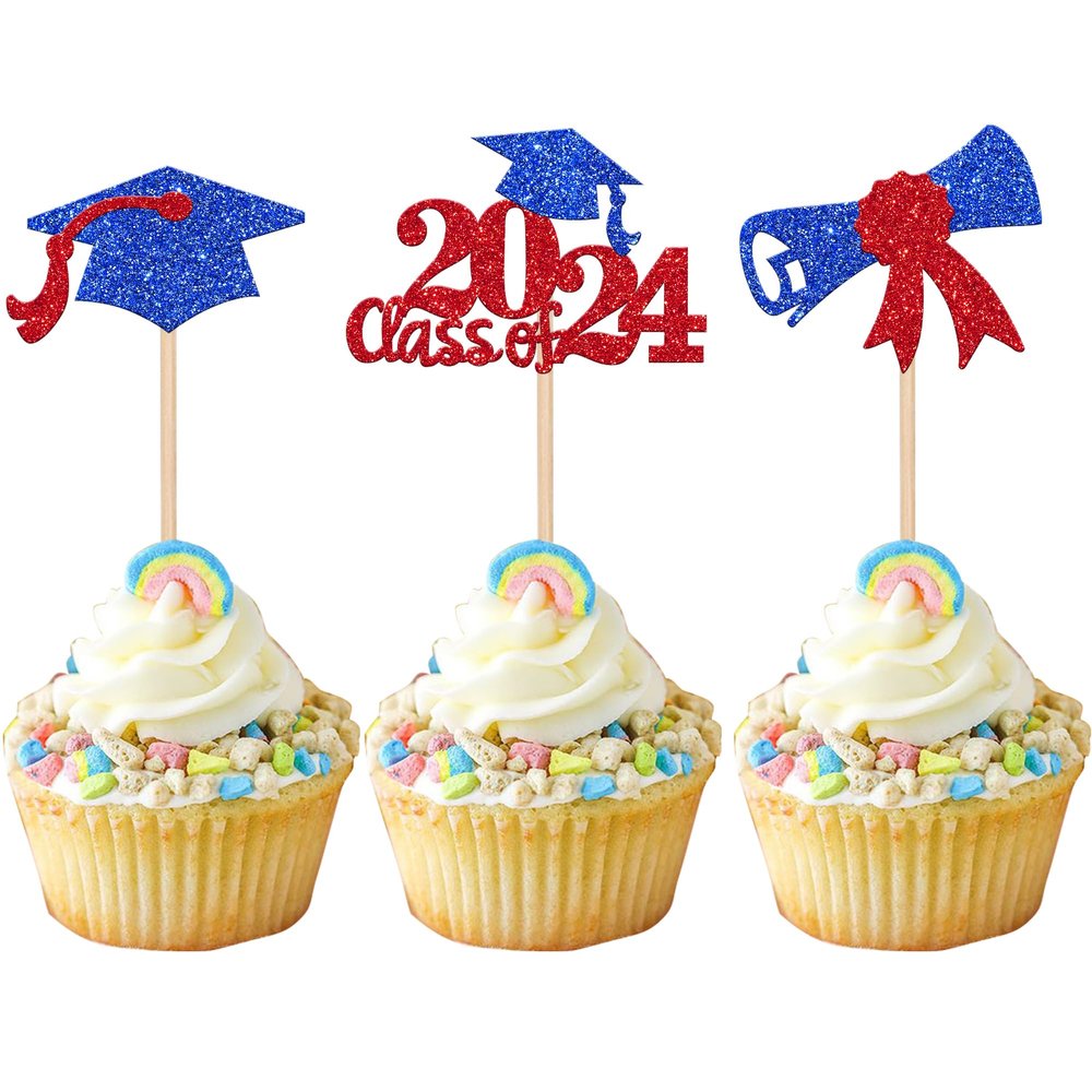 24 PCS 2024 Graduation Cupcake Toppers Glitter Class of 2024 Cupcake Picks Diploma Graduation Cap Cake Decorations for 2024 Graduation Theme Party Supplies Red