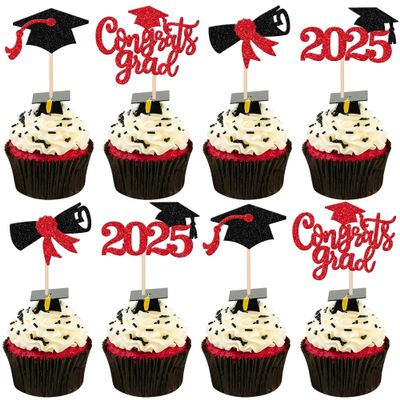 24 PCS 2025 Graduation Cupcake Toppers Glitter Contrats Grad Diploma Class of 2025 Graduation Cap Cupcake Picks for 2025 Contrats Grad Theme Party Cake Decorations Supplies Red