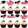 24 PCS 2025 Graduation Cupcake Toppers Glitter Contrats Grad Diploma Class of 2025 Graduation Cap Cupcake Picks for 2025 Contrats Grad Theme Party Cake Decorations Supplies Red view 1