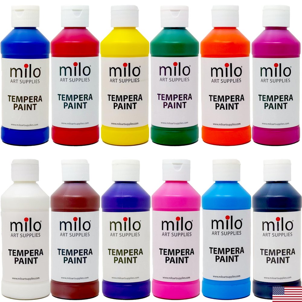 milo Washable Paint | 12 Colors 8 oz Bottles | Made in the USA | Safe and Non-Toxic Tempera Paint for Arts & Crafts, Poster, Window, Classroom, School