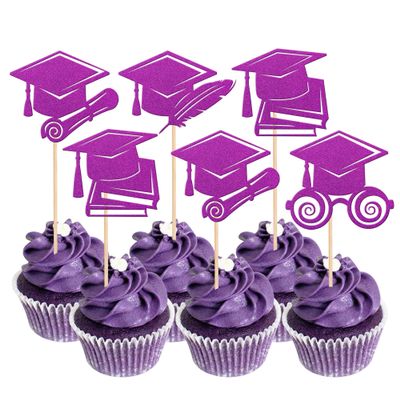 24 PCS 2025 Graduation Cap Cupcake Toppers Glitter Class of 2025 Cupcake Picks Contrats Grad Diploma Cap Cupcake Picks for 2025 Graduation Theme Party Cake Decorations Supplies Purple