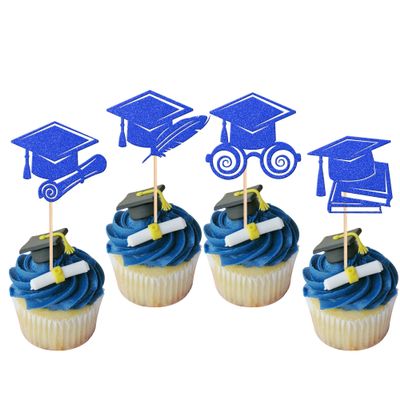 24 PCS 2025 Graduation Cap Cupcake Toppers Glitter Contrats Grad Diploma Cap Class of 2025 Cupcake Picks for 2025 Graduation Theme Party Cake Decorations Supplies Deep Blue