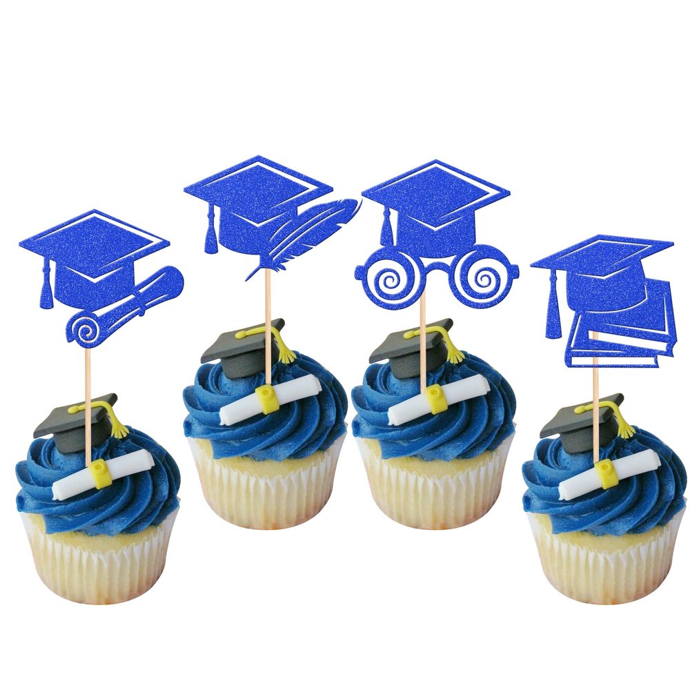 24 PCS 2025 Graduation Cap Cupcake Toppers Glitter Contrats Grad Diploma Cap Class of 2025 Cupcake Picks for 2025 Graduation Theme Party Cake Decorations Supplies Deep Blue