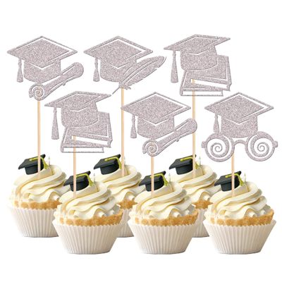 24 PCS 2025 Graduation Cap Cupcake Toppers Glitter Contrats Grad Diploma Cap Class of 2025 Cupcake Picks for 2025 Graduation Theme Party Cake Decorations Supplies Silver