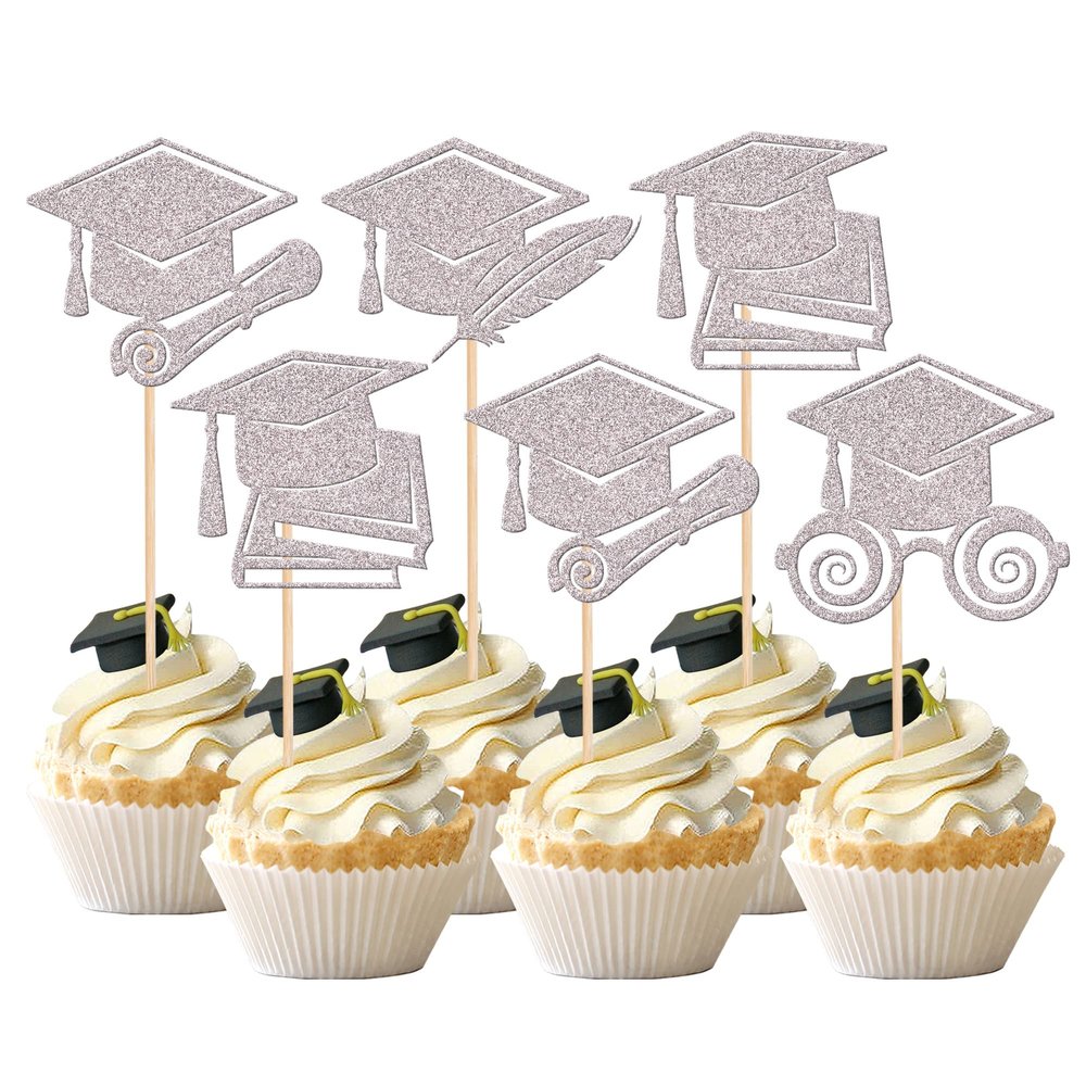 24 PCS 2025 Graduation Cap Cupcake Toppers Glitter Contrats Grad Diploma Cap Class of 2025 Cupcake Picks for 2025 Graduation Theme Party Cake Decorations Supplies Silver