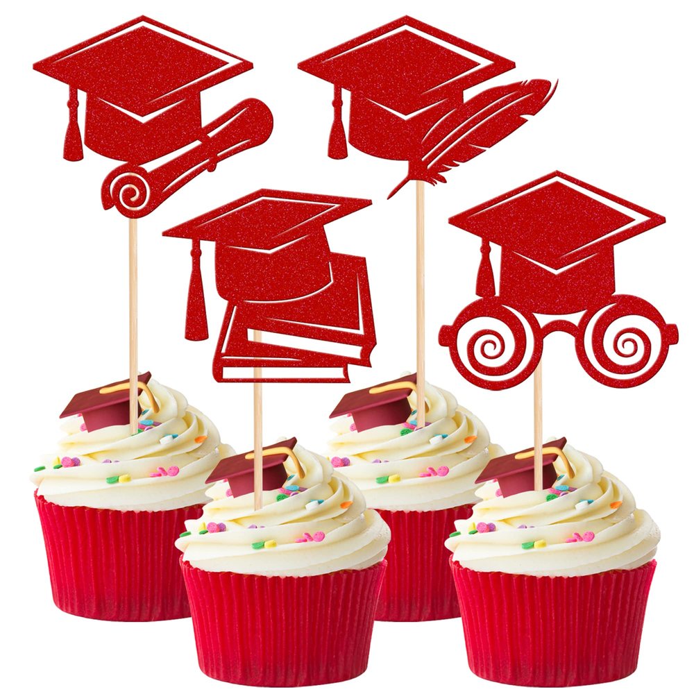 24 PCS 2025 Graduation Cupcake Toppers Glitter Class of 2025 Cupcake Picks Contrats Grad Diploma Cap Cupcake Picks for 2025 Graduation Theme Party Cake Decorations Supplies Red