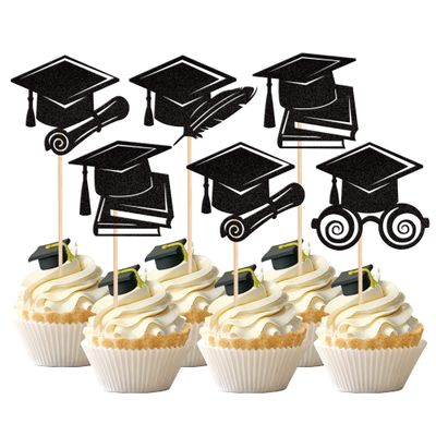 24 PCS 2025 Graduation Cap Cupcake Toppers Glitter Class of 2025 Cupcake Picks Contrats Grad Diploma Cap Cupcake Picks for 2025 Graduation Theme Party Cake Decorations Supplies Black