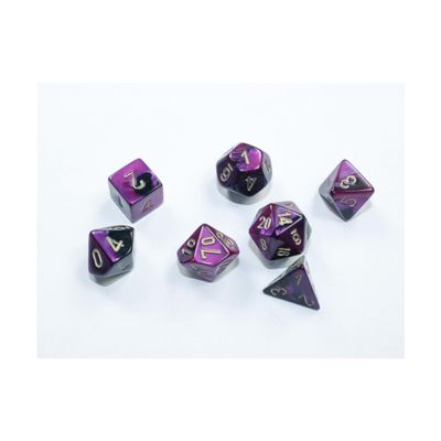 'Black and Purple Gemini Mini Dice with Gold Colored Numbers 10mm (3/8in) Set of 7 Chessex