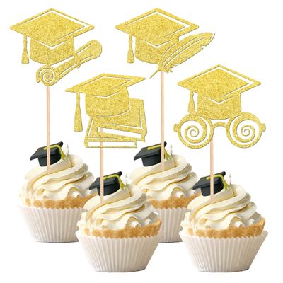 24 PCS 2025 Graduation Cap Cupcake Toppers Glitter Class of 2025 Cupcake Picks Contrats Grad Diploma Cap Cupcake Picks for 2025 Graduation Theme Party Cake Decorations Supplies Gold