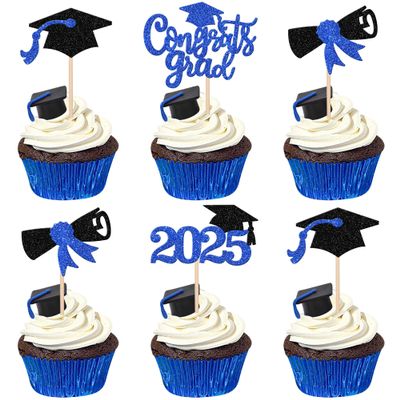 24 PCS 2025 Graduation Cupcake Toppers Glitter Class of 2025 Cap Diploma Cupcake Picks Contrats Grad Cake Decorations for 2025 Graduation Theme Party Supplies Deep Blue