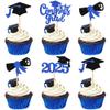 24 PCS 2025 Graduation Cupcake Toppers Glitter Class of 2025 Cap Diploma Cupcake Picks Contrats Grad Cake Decorations for 2025 Graduation Theme Party Supplies Deep Blue view 1