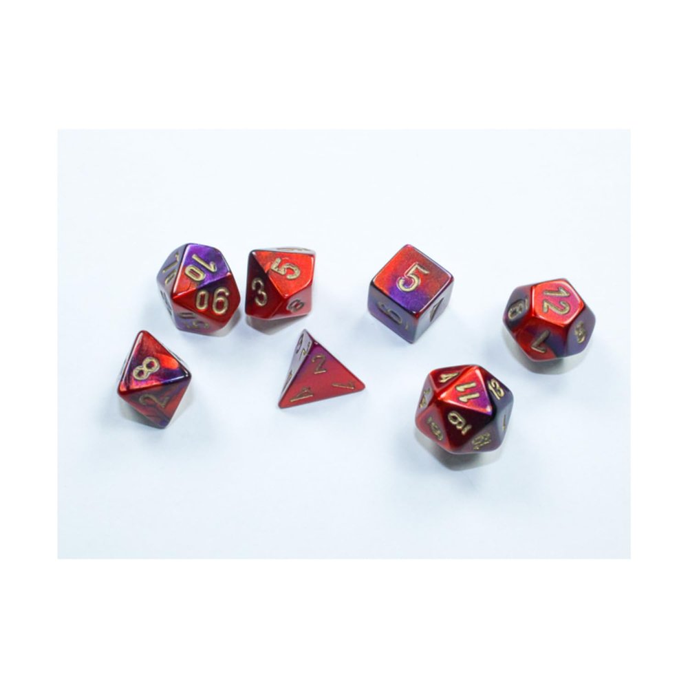 Purple and Red Gemini Mini Dice with Gold Colored Numbers 10mm (3/8in) Set of 7 Chessex
