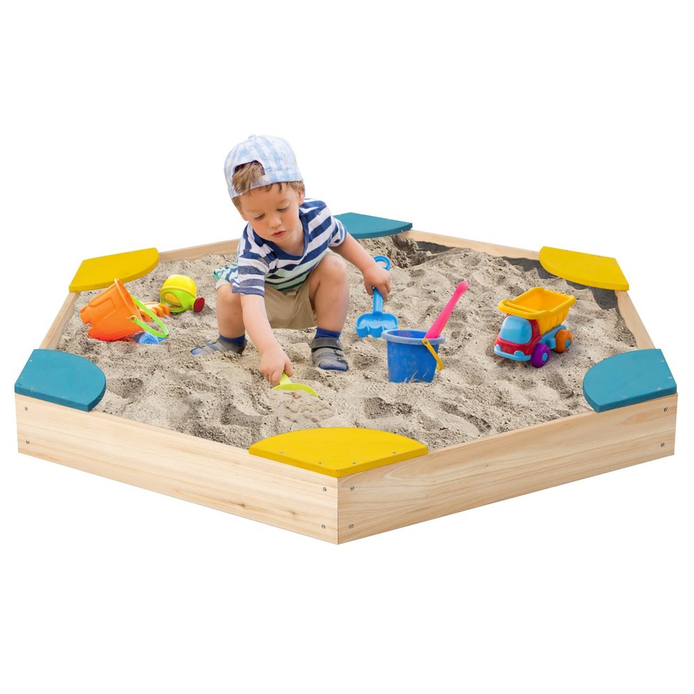 Costzon Kids Sandbox, Hexagon Large Cedar Wood Sand Pit w/ 6 Built-in Corner Seating, Wooden Sand Box for Backyard Lawn Garden Beach, Outdoor Play Furniture for Children Ages 3+ (Natural)