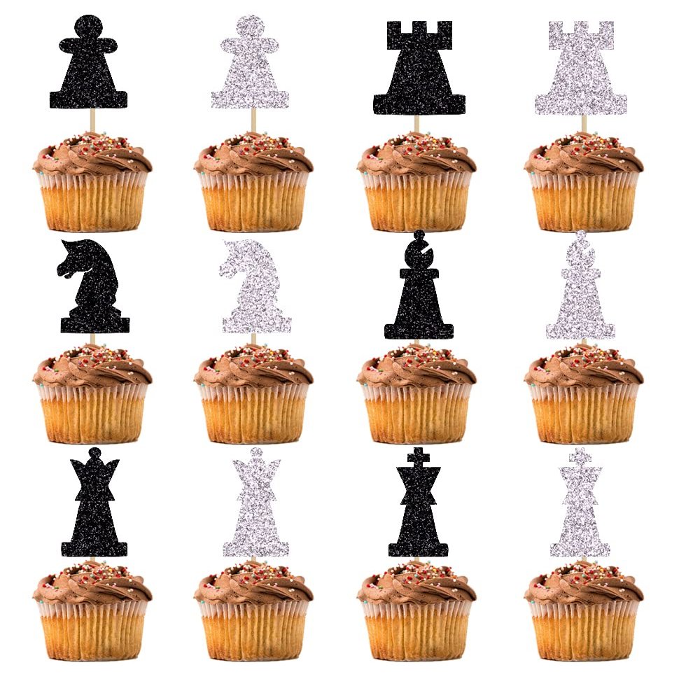 BIABISD 12 pcs nternational Chess Silhouettes Dessert Cupcake Toppers Chess lover chess player Happy Birthday Cupcake Decoration