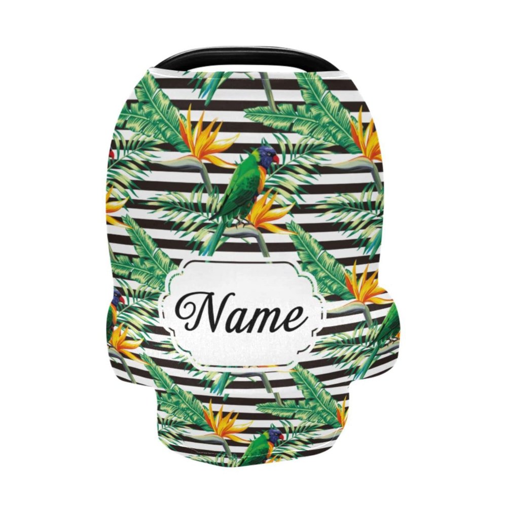 Personalized Baby Car Seat Covers for Boys Girls, Customized Carseat Cover with Name, Infant Stroller Canopy, Nursing Cover Breastfeeding Scarf for Newborn Babies, Tropical Plant Striped
