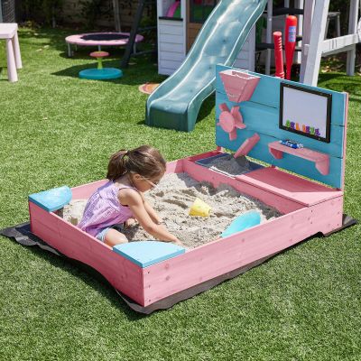 BELLEZE Wooden Sandbox, 49x39in Kids Sand Pit for Backyard, Outdoor Sandbox with Cover and Bottom Liner, Built-in Corner Seating, Bench Storage, Sand Toy Wall and Magnetic White Board (Pink)