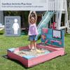 BELLEZE Wooden Sandbox, 49x39in Kids Sand Pit for Backyard, Outdoor Sandbox with Cover and Bottom Liner, Built-in Corner Seating, Bench Storage, Sand Toy Wall and Magnetic White Board (Pink) view 2