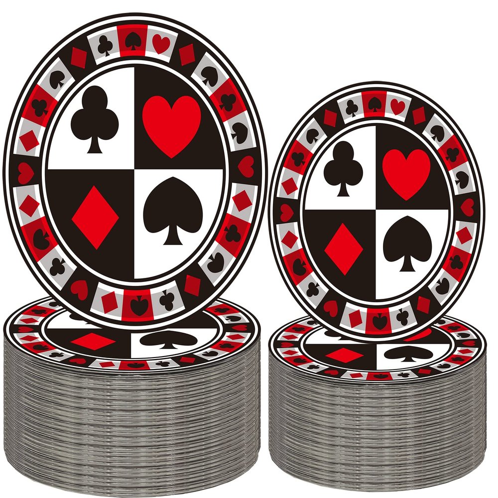 50Pcs Poker Party Supplies - 9" Playing Card Dinner Plates, 7" Casino Plates for Casino Night, Poker Game Theme, Birthday Party Decor