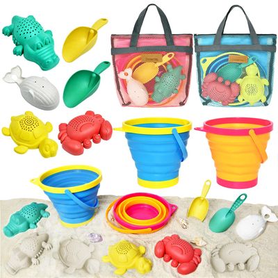 Aclarastra Collapsible Beach Toys for Kids Toddlers, Collapsible Sand Buckets Shovels Set with Mesh Bags and Sand Molds, Foldable Travel Sand Toys for Beach Sandbox Toys for Kids