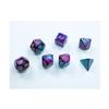 Purple and Teal Gemini Mini Dice with Gold Colored Numbers 10mm (3/8in) Set of 7 Chessex view 1