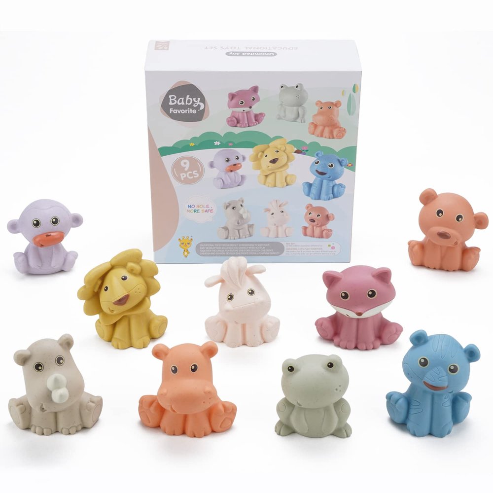 Baby Bath Toys, 9 Pack | Sealed, No Hole & Mold Free Bath Toys for Babies 6-12 Months | Soft, Squeezable & Float on Water | Safe, Easy-Grip Toddler Bath Toy Set | Baby Water Pool Toys-Wild Animal