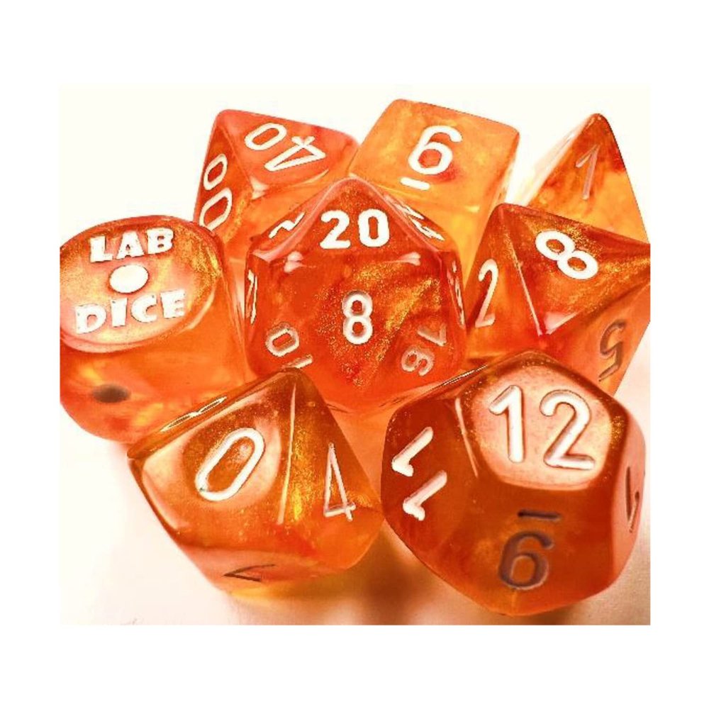 Borealis Blood Orange Luminary Dice with White Numbers 7+1 Dice Set 16mm (5/8in) Chessex
