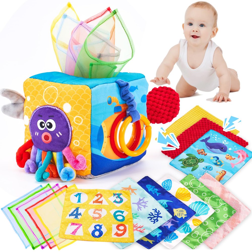 hahaland Baby Tissue Box Toy, Baby Toys 6-12 Months Montessori Toys for 6 Month Old, Textured Tails, Crinkle Tissues, Squeaky, Mirror, Silks Sensoy Scarves Baby Gifts Valentines Easter Basket Stuffers