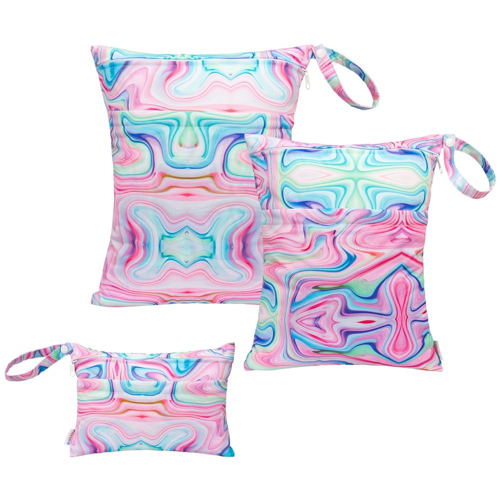 ALVABABY 3pcs Baby Cloth Diaper Wet/Dry Bags|Waterproof Reusable with Two Pockets|Travel, Beach, Pool, Daycare, Soiled Baby Items,YogaGym Bag for Swimsuits or Wet Clothes Pink impression 3L-BS04