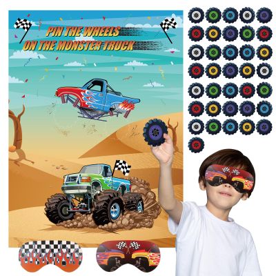 Eaezerav Pin The Wheels On The Truck Game for Kids Boys Birthday Party Decorations Carnival Party Supplies Large Truck Game Poster with 36 Wheel Stickers